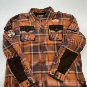 Parish Nation Mens XL Plaid Flannel Button Down Shirt Elbow Patch Mountain Patch